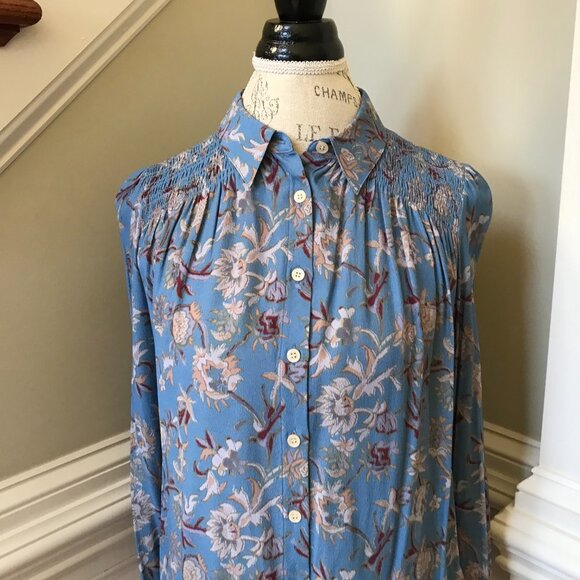 Veronica Beard Dazed Floral Blouse Top Shirt Womens 6 Blue Smocked Long Sleeve - Picture 4 of 13